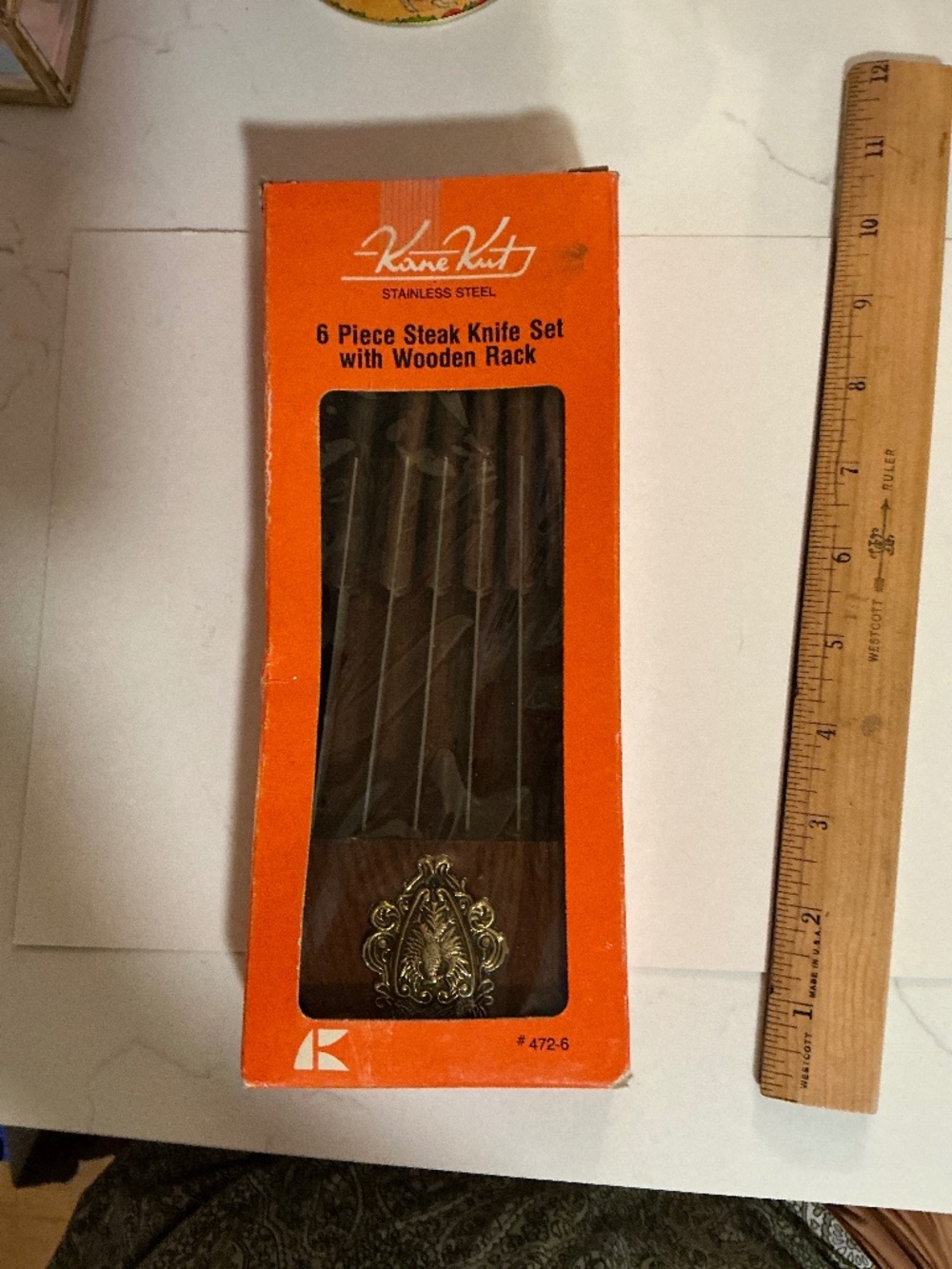 Vintage Kane Kut 6-Piece Steak Knife Set w/ Wooden Wall Rack | Stainless Steel